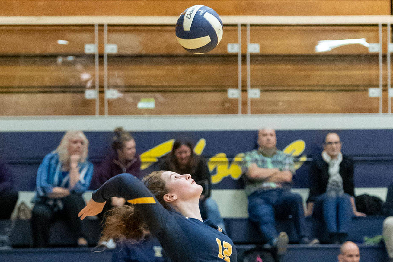 Bellevue Wolverines senior Jenna Keenan serves in a matchup against the Lake Washington Kangaroos on Oct. 18. Bellevue defeated Lake Washington 3-0 (26-24, 25-19, 25-22) on senior night. Photo courtesy of Patrick Krohn/Patrick Krohn Photography