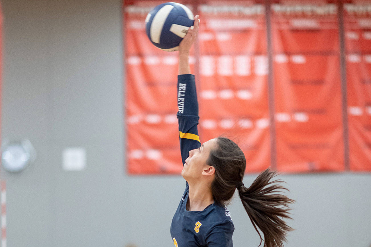 Bellevue Wolverines senior Katie Sorrell (pictured) delivers a kill at the net against the Bishop Blanchet Braves on Nov. 8 at Sammamish High School in Bellevue. Photo courtesy of Patrick Krohn/Patrick Krohn Photography