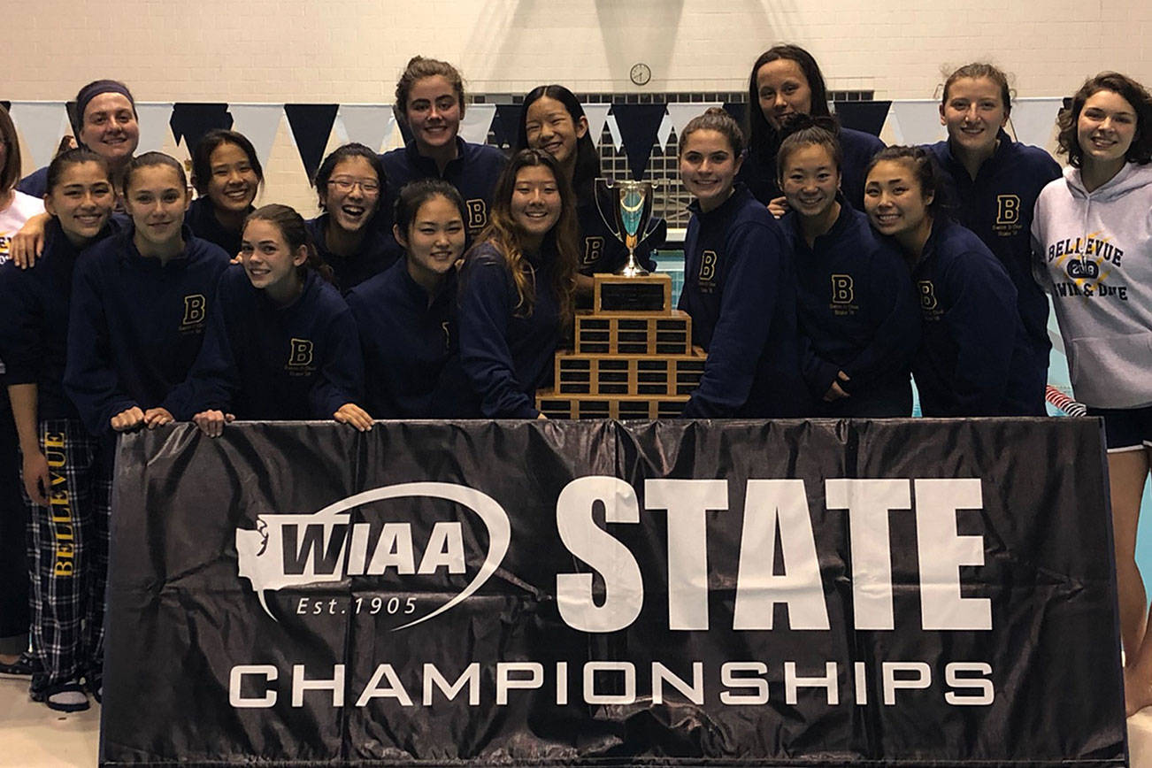 The Bellevue Wolverines girls swim team won the Class 3A state championship for the second consecutive season on Nov. 10 at the King County Aquatic Center in Federal Way. Photo courtesy of Lisa Van Loben Sels