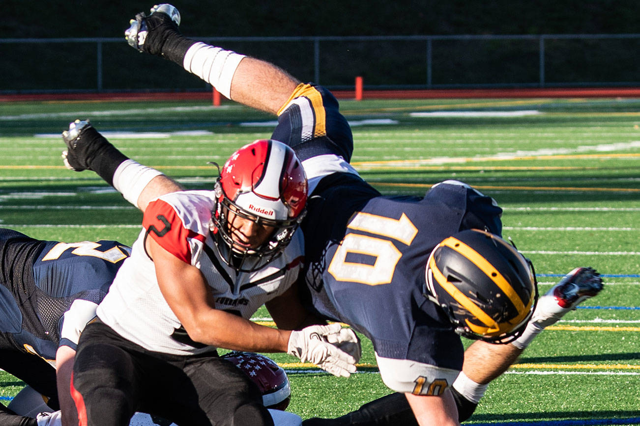 Bellevue Wolverines senior running back Drew Fowler (pictured) scored four rushing touchdowns against the Yelm Tornados in the Class 3A state quarterfinals on Nov. 17 at Bellevue Memorial Stadium. Photo courtesy of Stephanie Ault-Justus