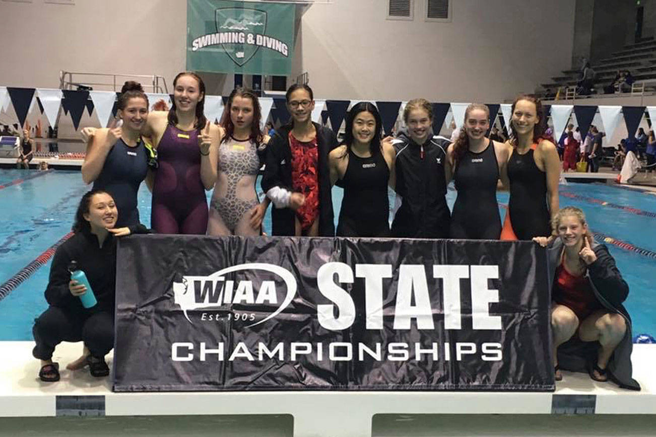 The Sammamish Totems swim team earned third place at the Class 2A state swim meet on Nov. 10 at the King County Aquatic Center in Federal Way. Photo courtesy of Kay Walz
