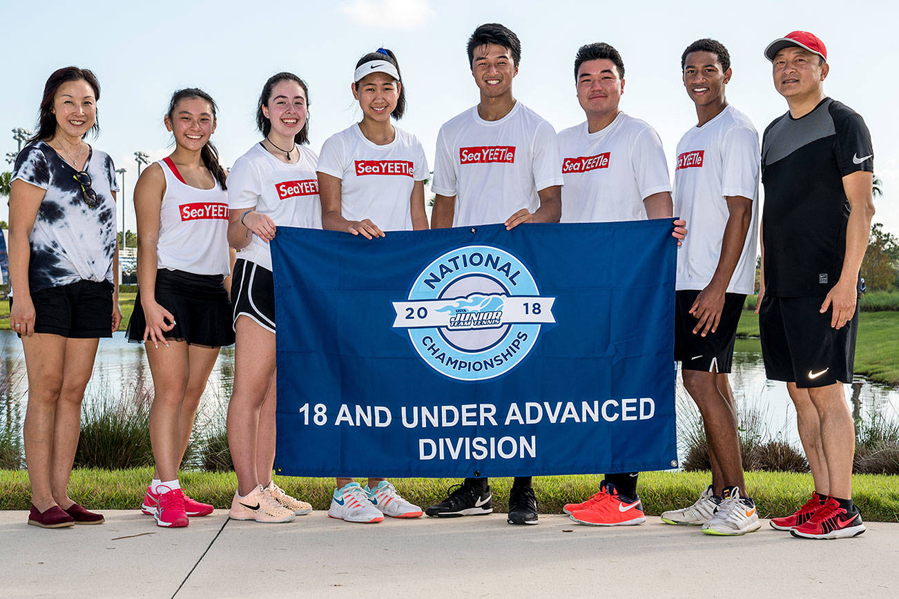 A Bellevue-based tennis squad captured eighth place at the 2018 USTA Junior Tennis Team 18U National Championships on Nov. 11 at the USTA National Campus in Orlando, Florida. The Pacific Northwest 18U Advanced roster consisted of Evelyn Wong, Luciana Sobrino, Tessa Tapmongkol, Bryan Le, Richard Jia and Connor Scott. The team is coached by Connie Wong and Eric Le. Photo courtesy of the United States Tennis Association