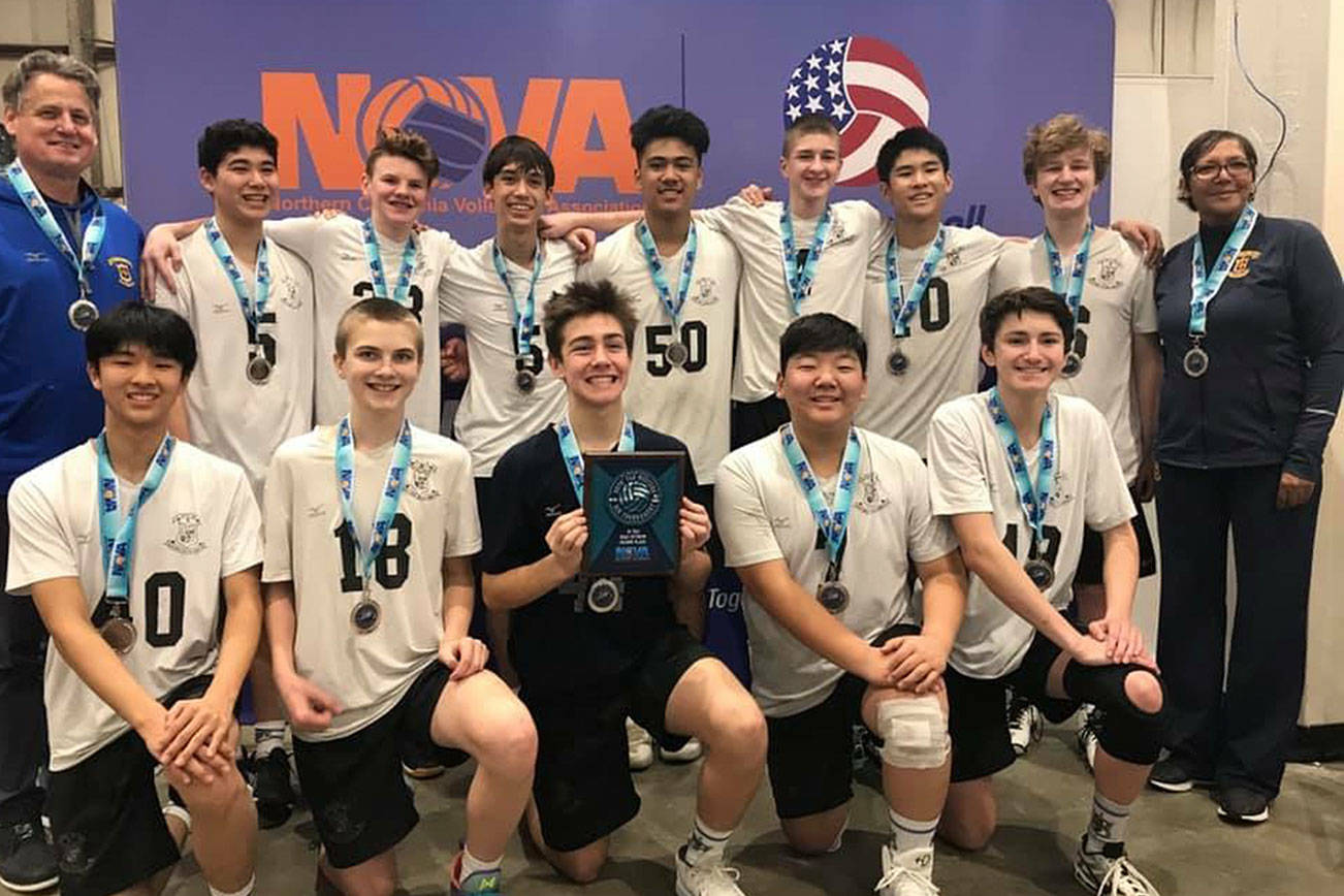 The Space Needle U16 volleyball team, which has Bellevue residents Daniel Lim, Matthew Lucas and David Moran on the team roster, captured second place at the Northern California Volleyball Association bid tournament on Jan. 13 in San Mateo, California. The second-place finish ensured the team a berth in the 2019 Junior National Championships this June in Dallas, Texas. Photo courtesy of Greg Lim