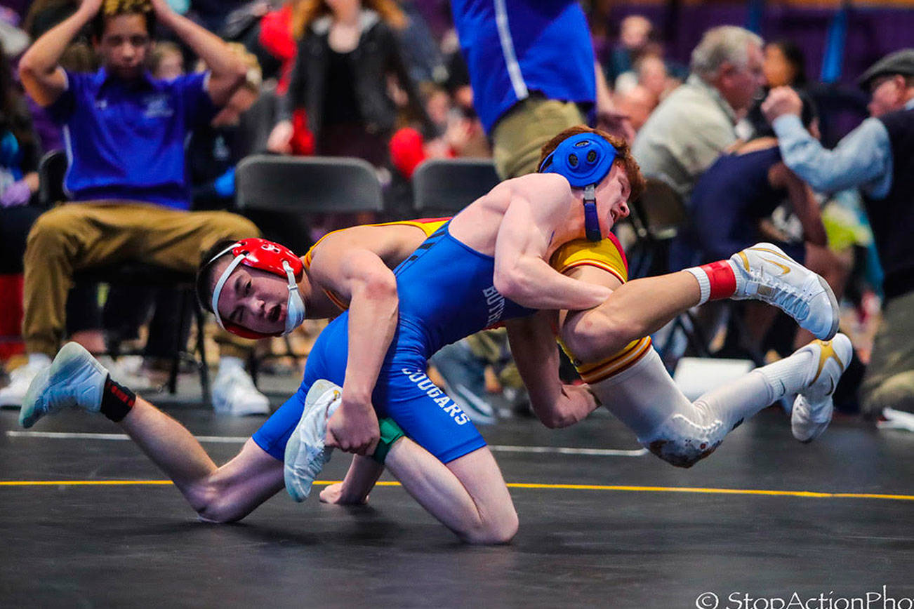 Newport Knights senior 113-pound wrestler Josh Lee defeated Bothell’s Kai Smith in the 4A KingCo 113-pound title match on Feb. 2 at North Creek High School. Photo courtesy of Don Borin/Stop Action Photography