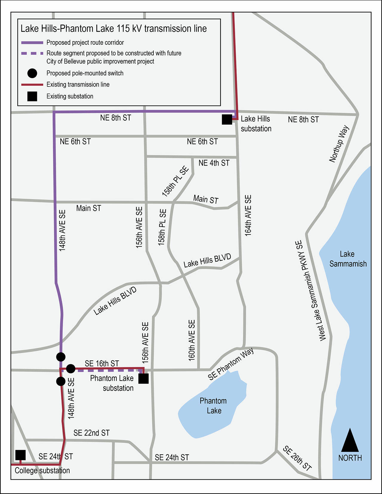 Puget Sound Energy’s map of the route the Phantom Lake-Lake Hills transmission line will take. The proposed route is in purple, and existing transmission lines are in red. Courtesy Image.