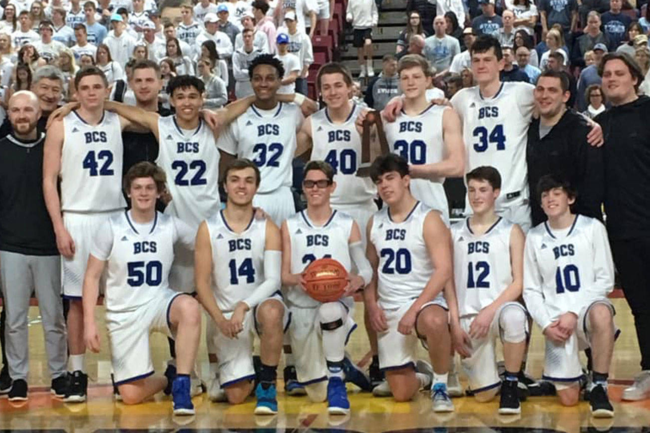 The Bellevue Christian Vikings boys basketball team earned sixth place at the Class 1A state basketball tournament on March 2 at the Yakima SunDome. Photo courtesy of Brandon Kats