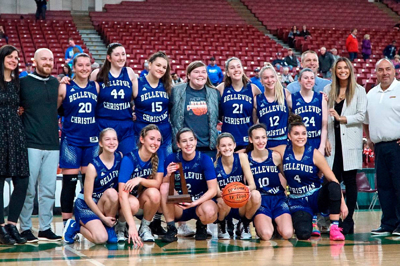 The Bellevue Christian Vikings girls basketball team earned fourth place at the Class 1A state basketball tournament on March 2 in Yakima. The Vikings defeated Elma 41-35 in the fourth-place/sixth-place game on March 2. Photo courtesy of Mark DeJonge