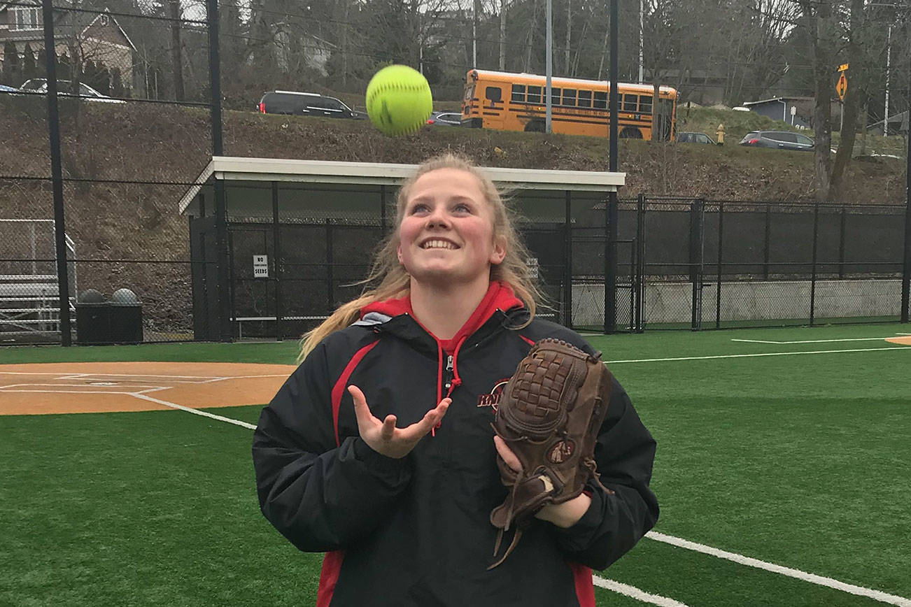 Newport Knights junior shortstop Alexis Barashkoff is determined to lead her team back to the Class 4A state tournament for the second consecutive season on the softball field this spring. Barashkoff went 2-for-2 at the plate in a loss against the Bonney Lake Panthers on March 14. Shaun Scott, staff photo