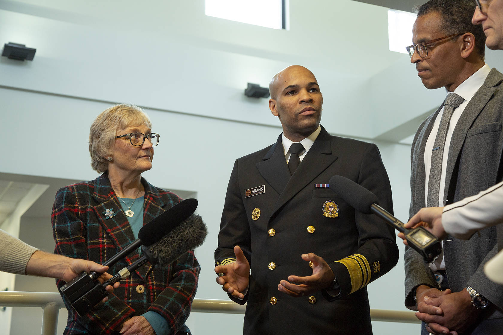 U.S. Surgeon General Jerome Adams speaking following his tour at Odessa Brown Children’s Clinic in Seattle on Feb. 7. Ashley Hiruko/staff photo.