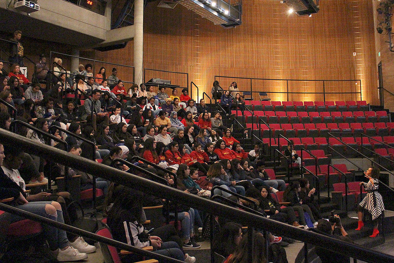 Krischanna Roberson addresses BSD high school girls at SHOUT. Madison Miller / staff photo