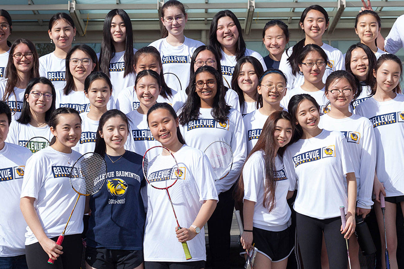 The Bellevue Wolverines girls badminton team has put together a formidable overall record of 7-0 during the 2019 season thus far. The Wolverines, who have won the KingCo badminton tournament in early May for the past two consecutive seasons, want to win the KingCo tourney for the third year in a row this May. Photo courtesy of Ben Puariea