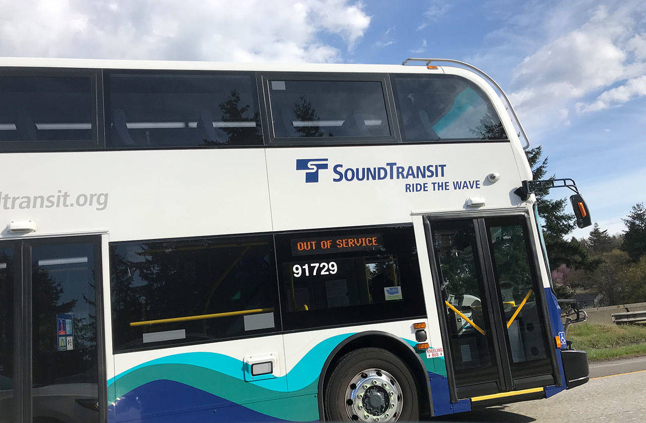 The Sound Transit double-decker buses replace the articulated buses on Everett to Bellevue routes along I-405. The 14.5-foot tall buses seat more people for an equal footprint and similar fuel economy. Kailan Manandic/staff photo