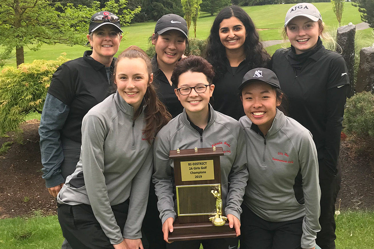 The Sammamish Totems girls golf team won a district championship for the third consecutive season on May 14 at the Skagit Golf and Country Club. Photo courtesy of Annette Labissoniere