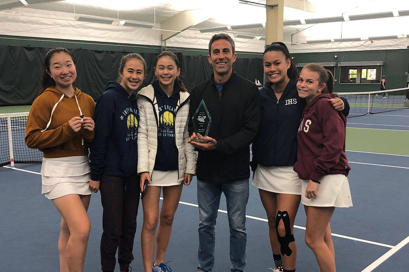 Interlake Saints girls tennis athletes Charlize Yeh, Addie Eklund, Sylvia Eklund, Angel Le, Abby Nash and Olivia Sun led their team to the 2019 3A Sea-King district tennis title on May 15 in Seattle. Photo courtesy of Matthew Perlman