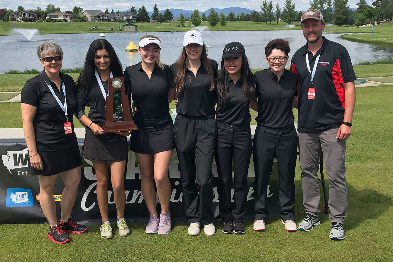 The Sammamish Totems girls golf team won the Class 2A state golf championship for the second consecutive year on May 22 at the MeadowWood Golf Course in Liberty Lake. Photo courtesy of Annette LaBissoniere