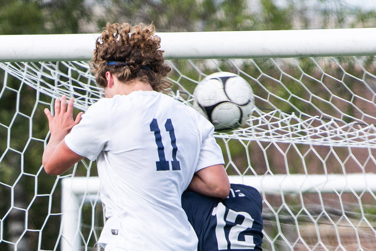 The Wolverines added an insurance goal courtesy of Carson Wachter’s header goal (pictured) off of a corner kick from Ryan Tobin in the 71st minute, extending the lead to 2-0. Photo courtesy of Stephanie Ault Justus