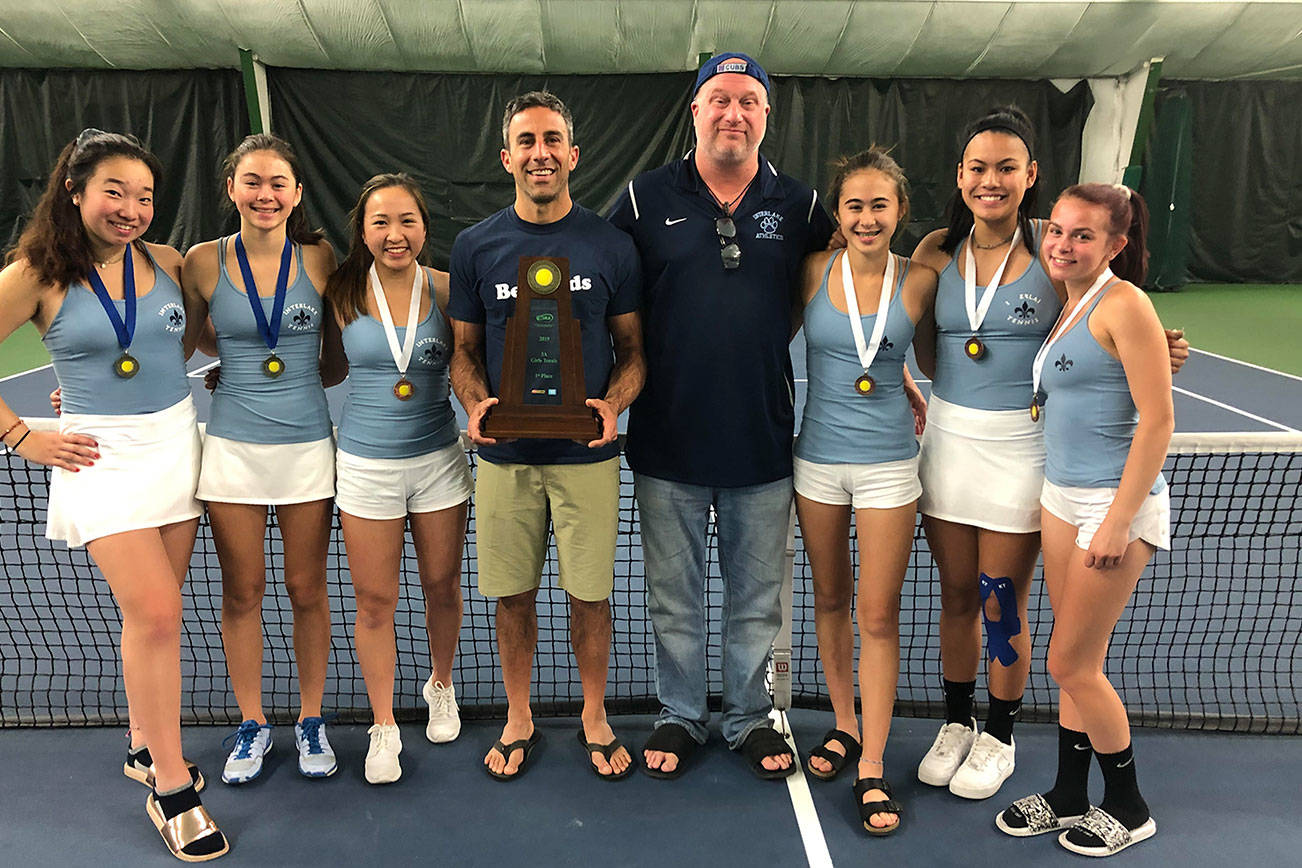 The Interlake Saints girls tennis team consisting of Charlize Yeh, Sylvia Eklund, Olivia Sun, Addie Eklund, Angel Le and Abby Nash won the 3A state tennis championship, tallying 35 team points on May 25 at the Tri-City Court Club in Kamiakin. Seattle Prep finished in second place with a total of 19 points. The Saints girls tennis squad was coached by Matthew Perlman and Michael Fritz. Photo courtesy of Matthew Perlman