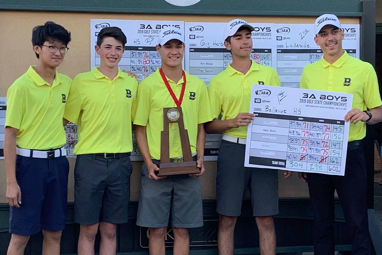 The Bellevue Wolverines boys golf team earned first place at the 3A state golf tournament on May 22 in Lacey. Pictured from left to right: Christian Lee, Dylan Bear, Ian Siebers, Saum Sabetian and coach Erik Monahan. (Missing from photo: Thomas Huang.) Photo courtesy of Don Siebers