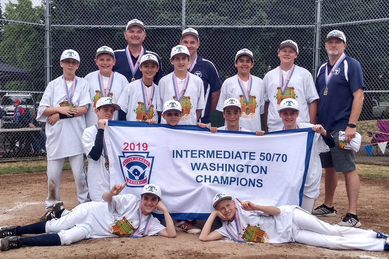The Thunderbird Little League intermediate all-star baseball team, which is comprised of 12- and 13-year-olds from Bellevue, won a state tournament title on July 6 in Vancouver, Washington. They will compete at the regional tournament, which kicks off on July 17 in Nogales, Arizona. Photo courtesy of Eric Carnrite