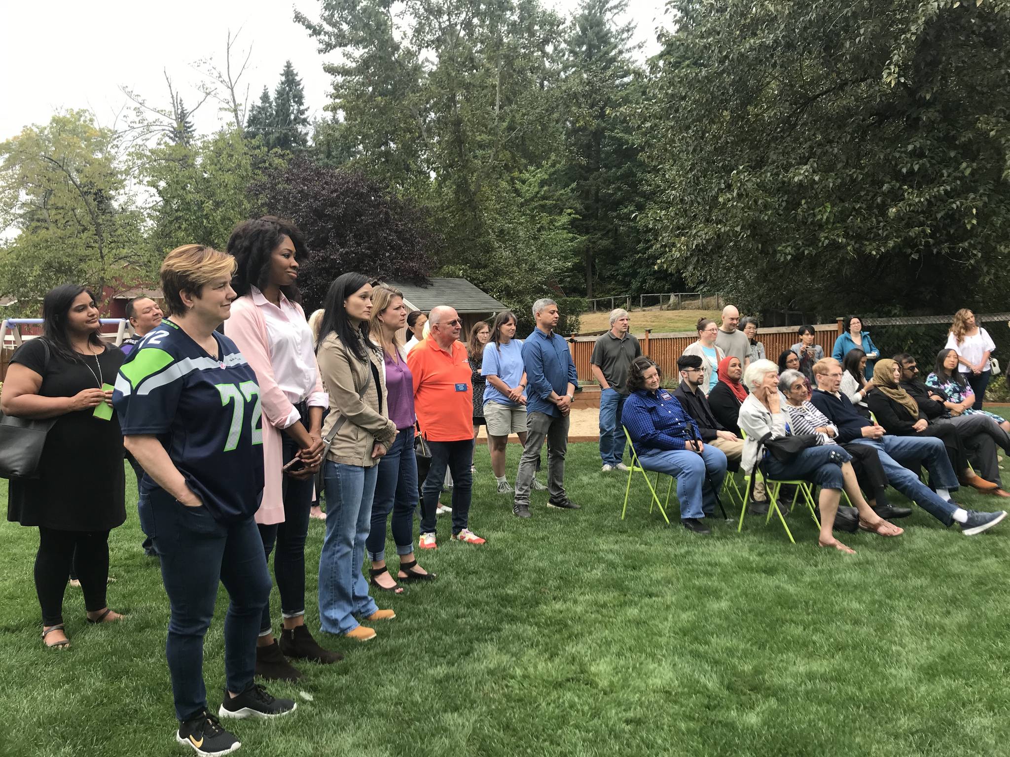 People from throughout the Eastside gather at the International Friends School in Bellevue for the launch of Eastside for All.