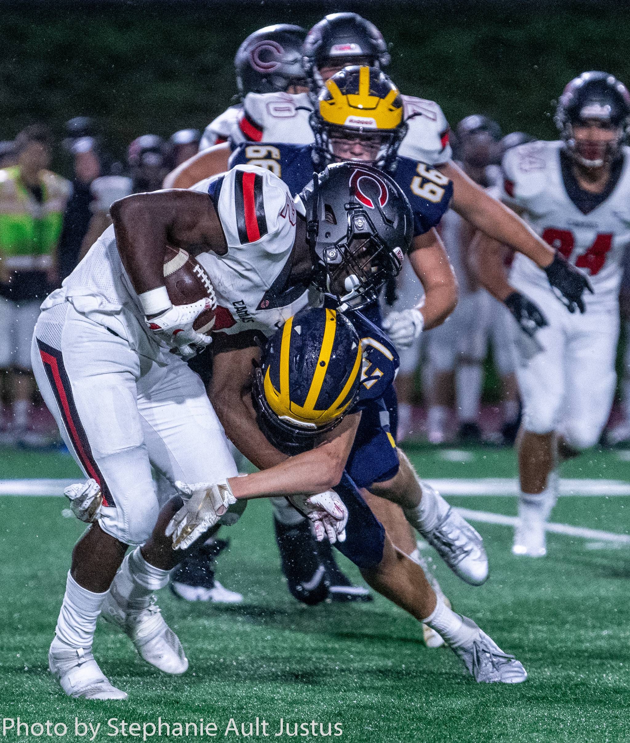 Bellevue defensive back Dan Marino tackles Camas running back Jacques Badolato-Birdsell in the Wolverines’ 24-7 loss to Camas on Sept. 27. Photo courtesy of Stephanie Ault Justus