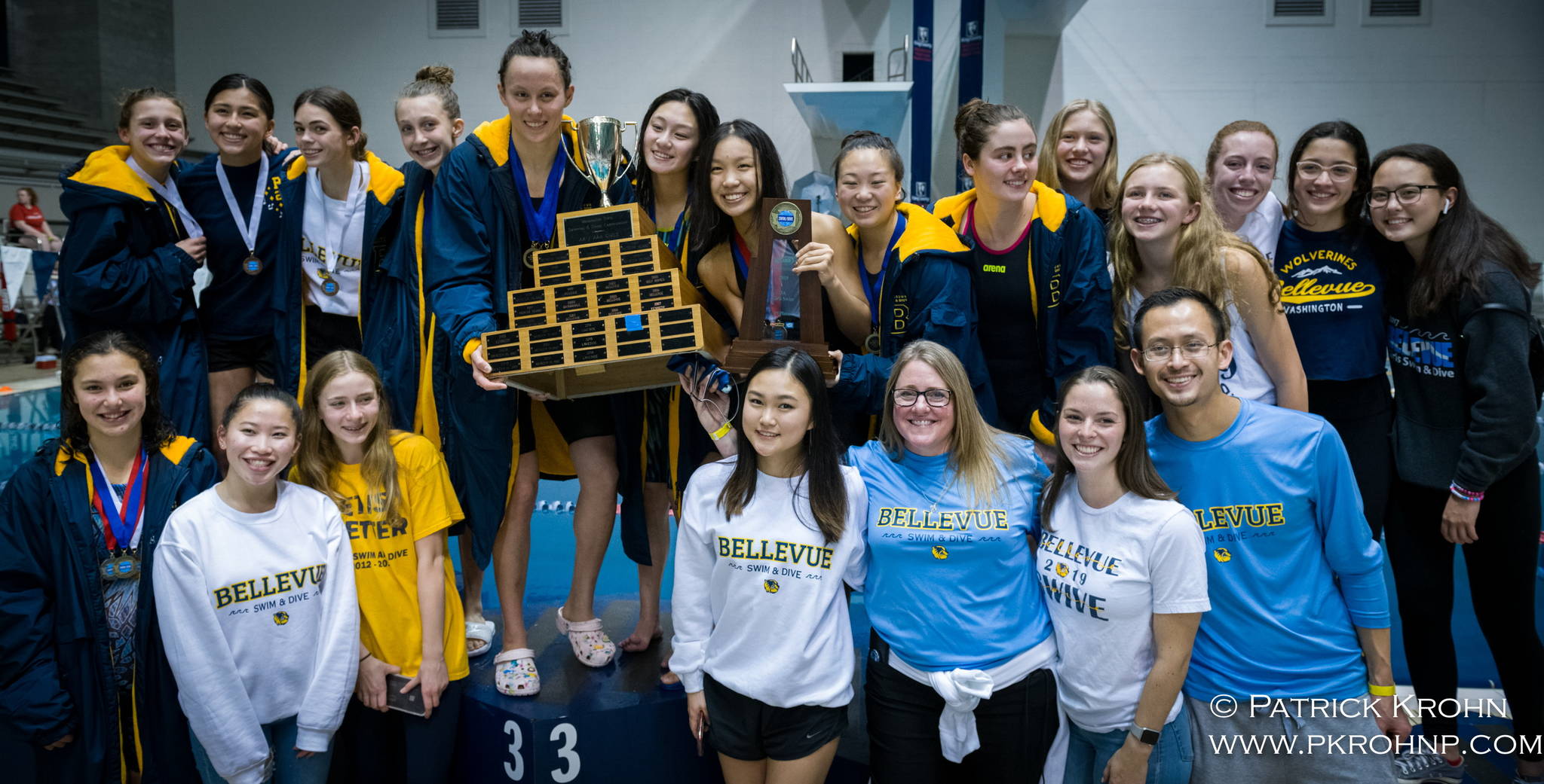 The Bellevue Wolverines girls swim and dive team beat out Lake Washington for its third-straight 3A state championship on Nov. 16. Photo courtesy of Patrick Krohn/Patrick Krohn Photography