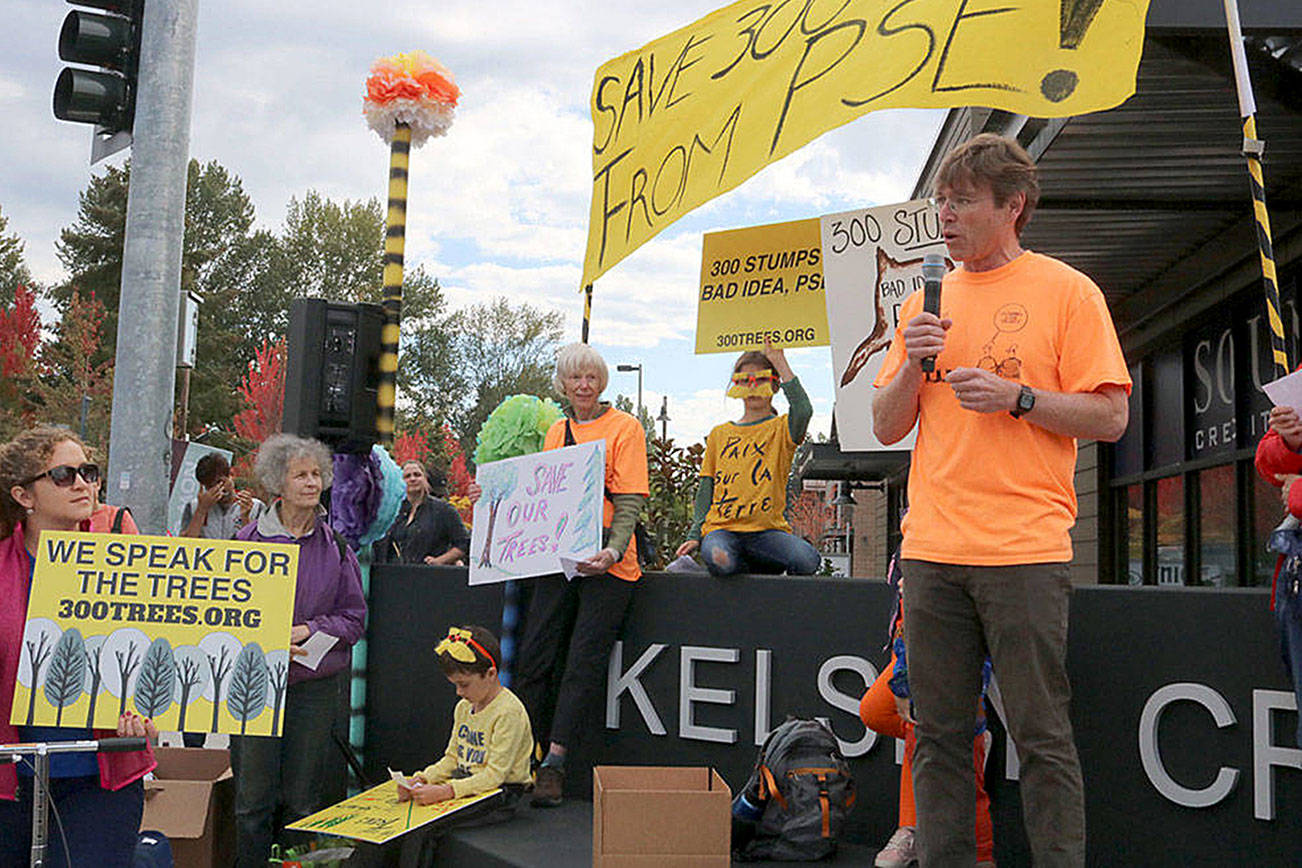 Evan Pappas/Staff Photo                                CENSE co-founder Don Marsh speaks to the crowd about the Lake Hills Transmission Line project in East Bellevue. Evan Pappas/Staff Photo