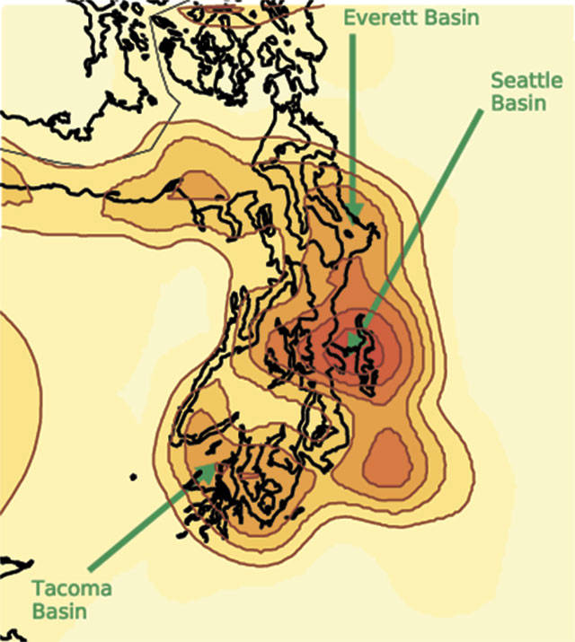Seattle, Tacoma, Everett and Mukilteo all lie within some of Puget Sound’s largest basins. These areas magnify how much the ground shakes in an earthquake. (Erin Wirth)
