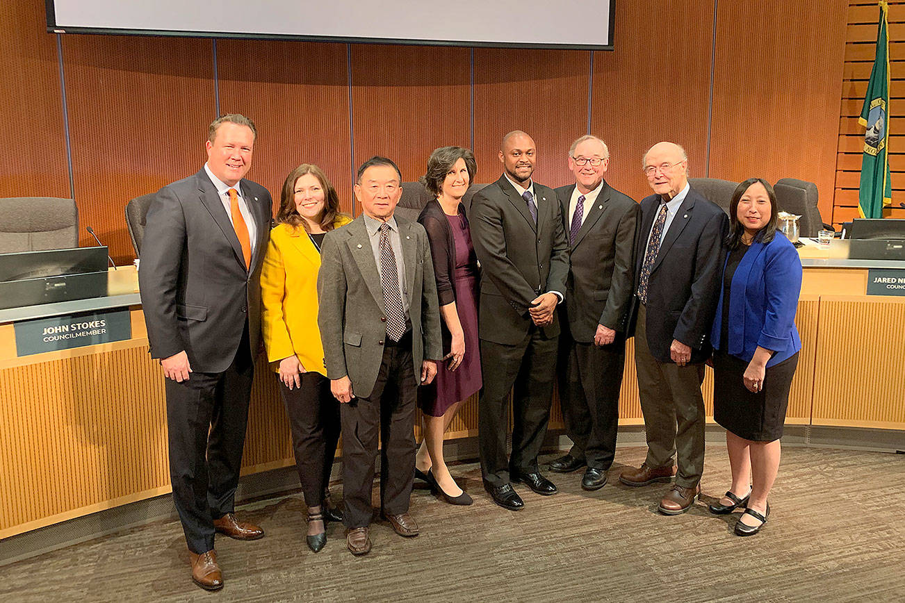 From left: Jared Nieuwenhuis, Jennifer Robertson, Conrad Lee, Deputy Mayor Lynne Robinson, Jeremy Barksdale, Mayor John Chelminiak, John Stokes and Janice Zahn. Photo courtesy of the City of Bellevue