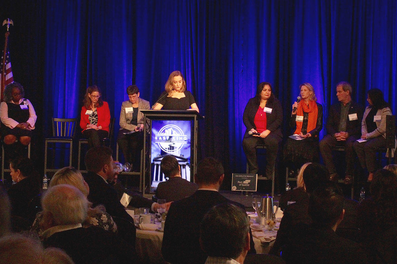 From left, Debra Entenman, Tana Senn, Lisa Callan, Brandi Kruse, Manka Dhingra, Patty Kurderer, Roger Goodman and My-Linh Thai at the event. Blake Peterson/staff photo