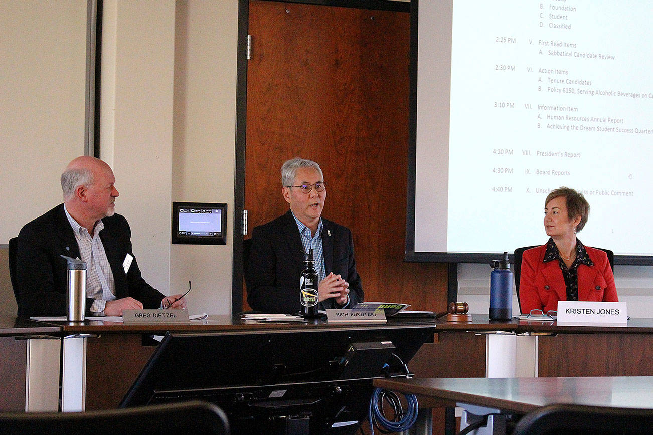 Madison Miller/staff photo                                Bellevue College president Jerry Weber and vice president Gayle Colston Barge resigned March 4. From left, Bellevue College board vice chair Greg Dietzel, chair Richard Fukutaki and BC acting president Kristen Jones.