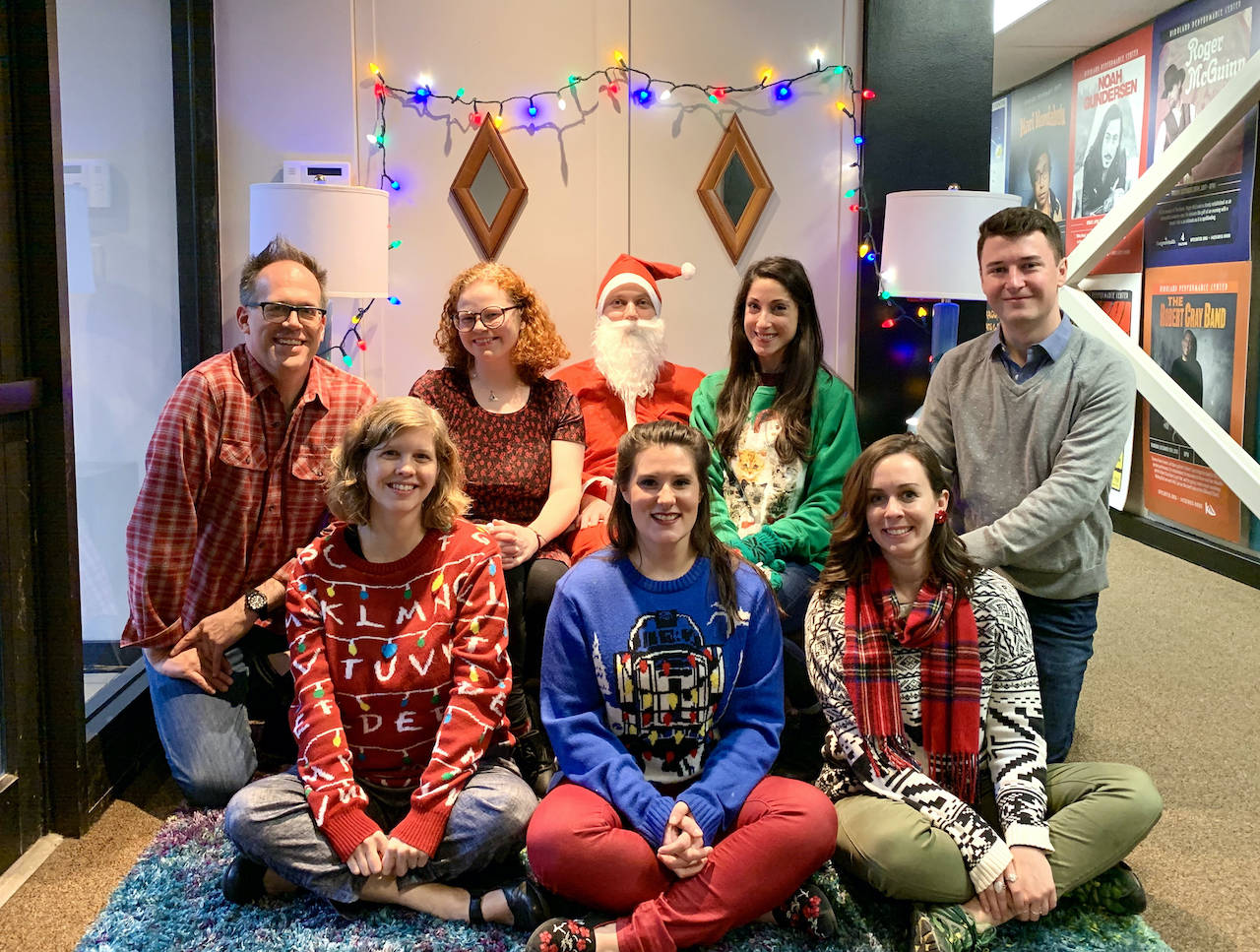 A Kirkland Performance Center staff photo, which was featured on the organization’s 2019’s holiday card. From left to right: Jeff Lockhart, Anna Espe, Hannah Ekness, David Bander, Mari Cannon, Skye Stoury, Kayla Teel and Jacob Gannon. Photo courtesy KPC