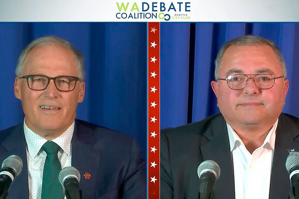 Washington Democratic Gov. Jay Inslee (left) and Republican challenger Loren Culp during Wednesday's debate. (TVW) 20201007