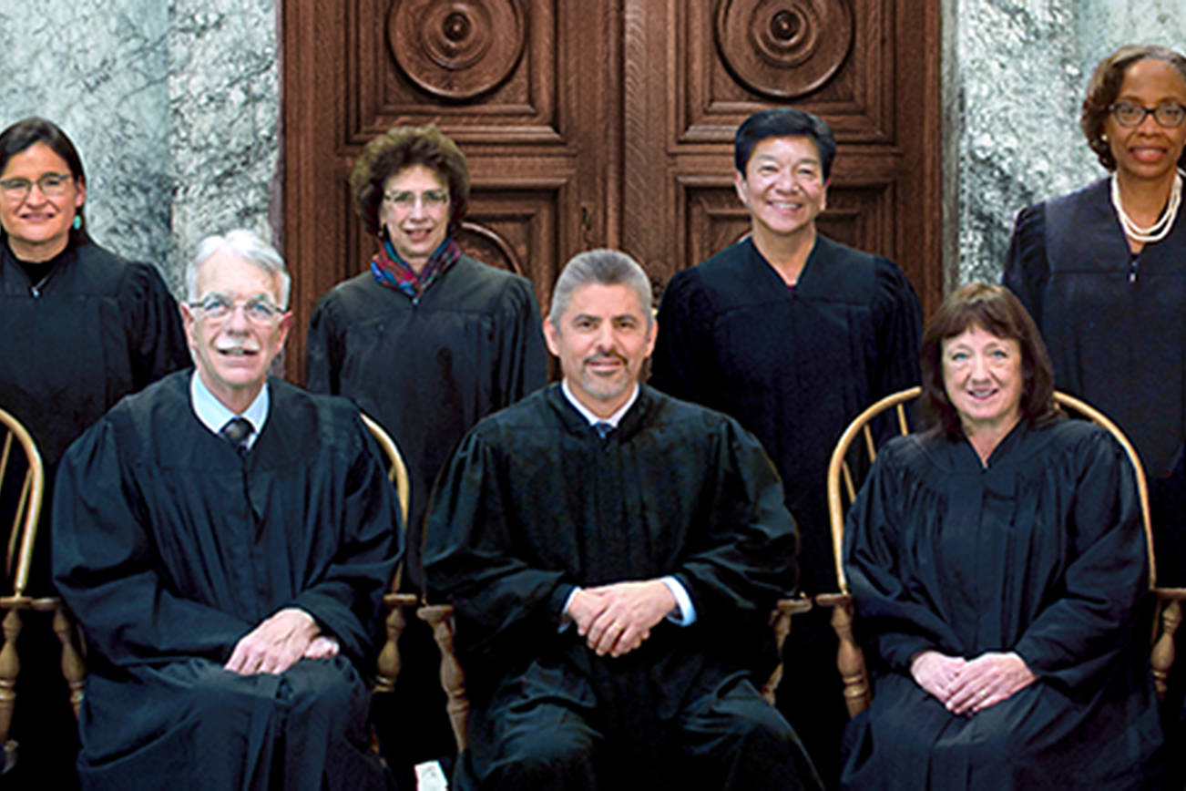 Washington State Supreme Court Justices (back row, L-R) Raquel Montoya-Lewis, Sheryl Gordon McCloud, Mary I. Yu, G. Helen Whitener, (front row, L-R) Susan Owens, Charles W. Johnson, Steven C. Gonzalez, Barbara A. Madsen and Debra L. Stephens.