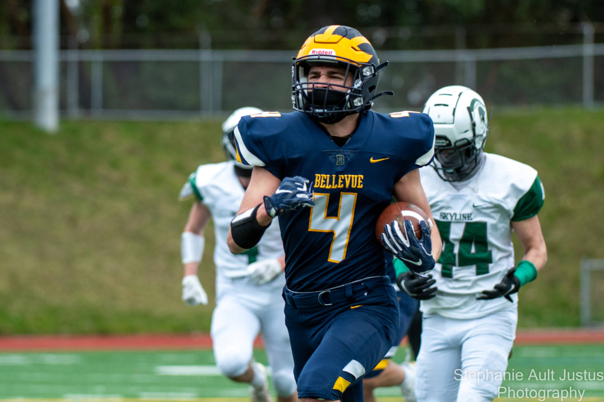 Bellevue’s Dan Marino blasts up field during the Wolverines’ 58-15 victory over Skyline on March 27. Photo courtesy of Stephanie Ault Justus