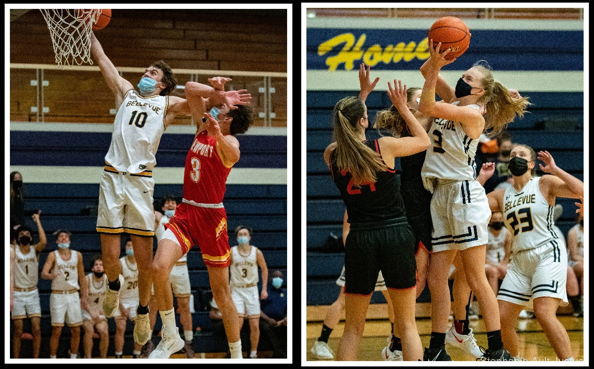 Left, Bellevue’s 6-foot-8 senior Hudson Hansen scores during the Wolverines’ 66-40 victory over Newport on April 24. Right, Bellevue’s 5-9 sophomore Sara Evans shoots the ball during the Wolverines’ 38-16 victory over Newport on April 24. Photos courtesy of Stephanie Ault Justus
