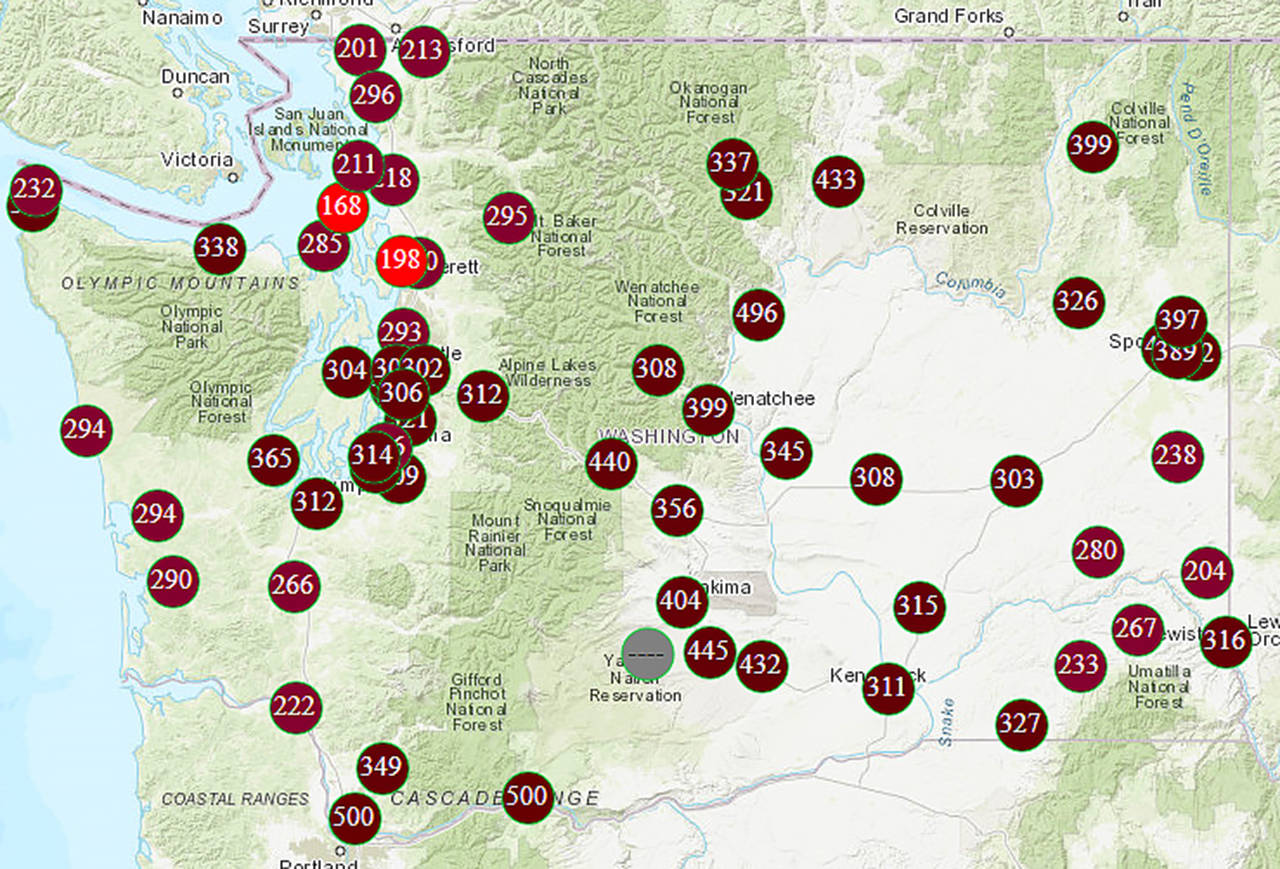Between Saturday, Sept. 12, and Thursday, Sept. 17, 2020, every air quality monitor in Washington state recorded levels of particulate pollution above the federal 24-hour standard. (Source: Department of Ecology)