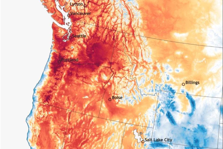 A map of heat across the Northwest on June 28, the hottest day in Seattle history. Photo courtesy of the National Oceanic and Atmospheric Administration.