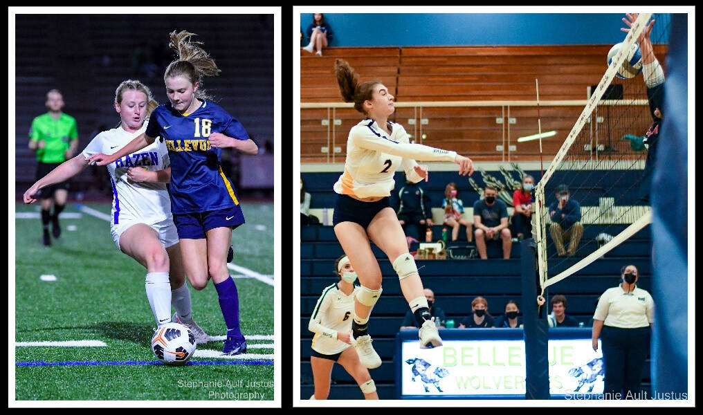 Left: Bellevue High’s Chloe Capriotti, right, battles Hazen’s Makenna McInroy-Gau for the ball during the Wolverines’ 4-1 girls soccer victory on Sept. 23. Bellevue goal scorers were Halle Fletcher, Rebekah Roth, Alex Buck and Emily Wang. The locals were 3-0-0 in 3A KingCo and 5-1-1 overall at post time. Right: In Bellevue High’s 3-0 volleyball victory over Juanita on Sept. 20, Wolverine Kaitlyn Watson goes for the kill. The local squad was 5-0 in 3A KingCo and 6-0 overall at post time. Photos courtesy of Stephanie Ault Justus