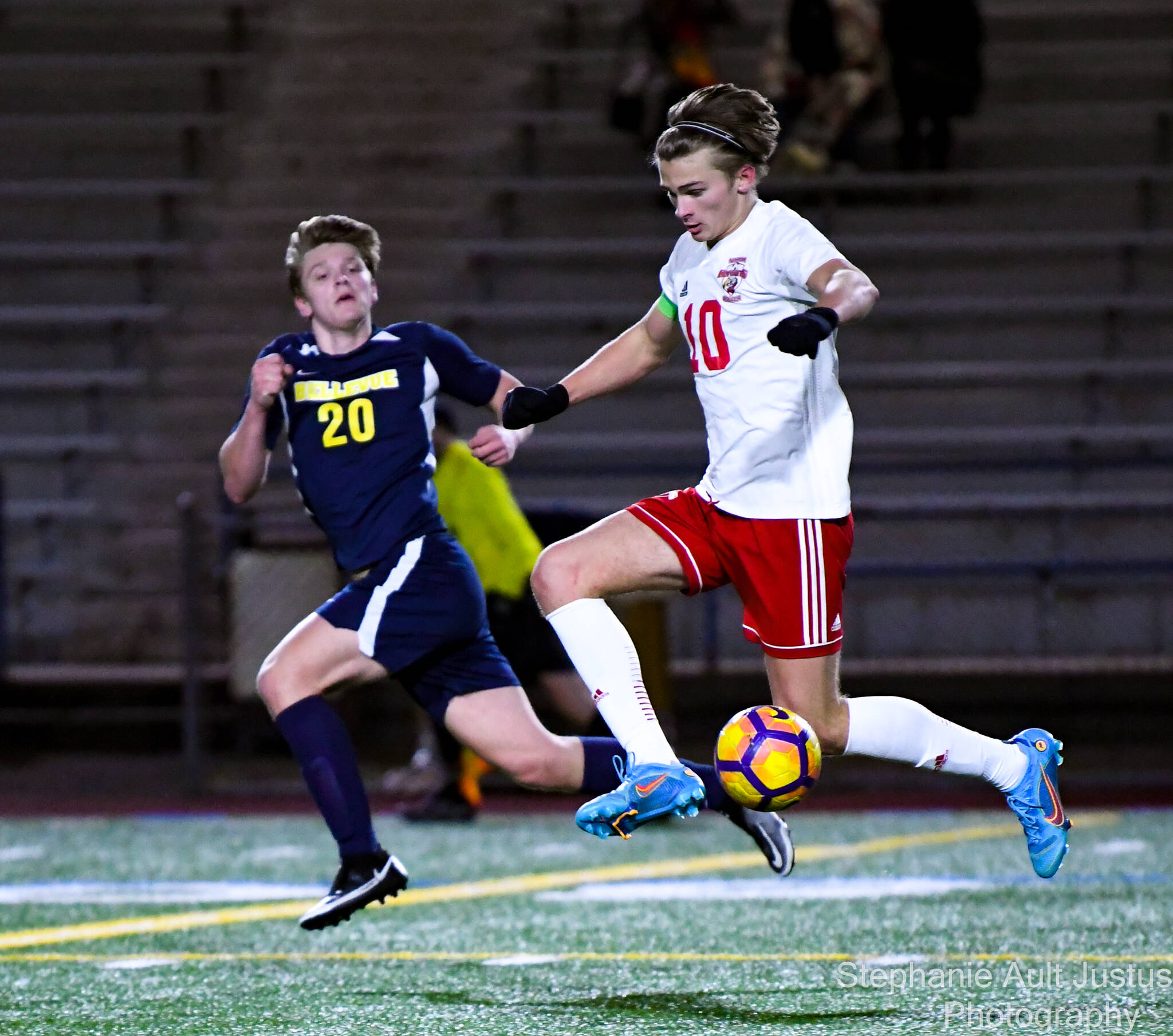 Chad Sovde (#10) controls the ball against junior Kody Mikelsen (#20). Courtesy of Stephanie Ault Justus.