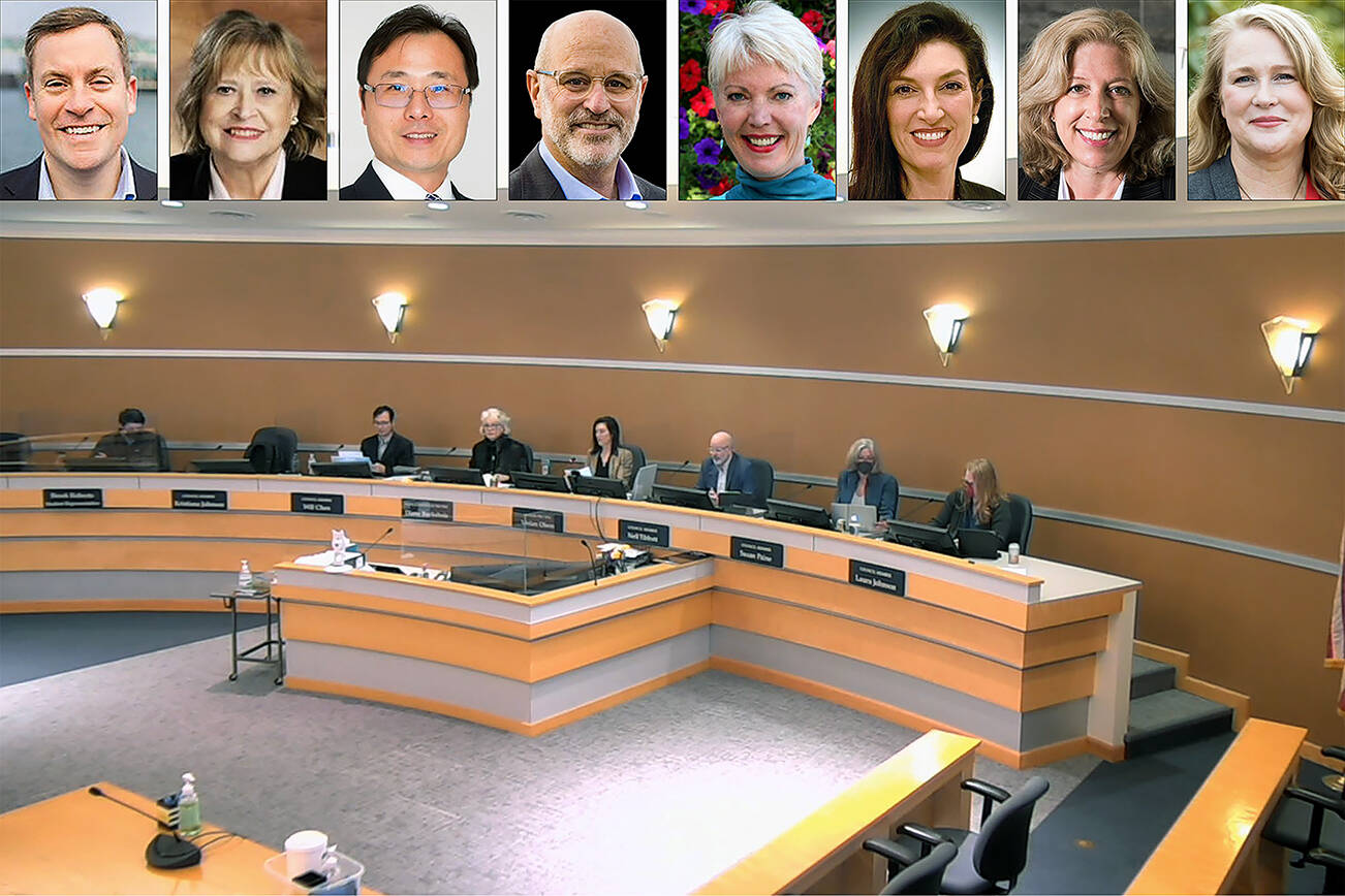 Screenshot of April 5 Edmonds City Council meeting. Inset (L-R): Mayor Mike Nelson and council members Kristiana Johnson, Will Chen, Neil Tibbott, Diane Buckshnis, Vivian Olson, Susan Paine and Laura Johnson. (City of Edmonds)