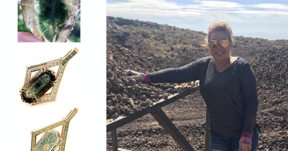 Robin Callahan at an Oregon Sunstone mine. The rough oregon sunstone that miner Chris Rose carried in his pocket, and the front and back of the pendant Callahan created after lapidary artist Dalan Hargrave cut the gem. The pendant is now part of the Somewhere in the Rainbow collection.