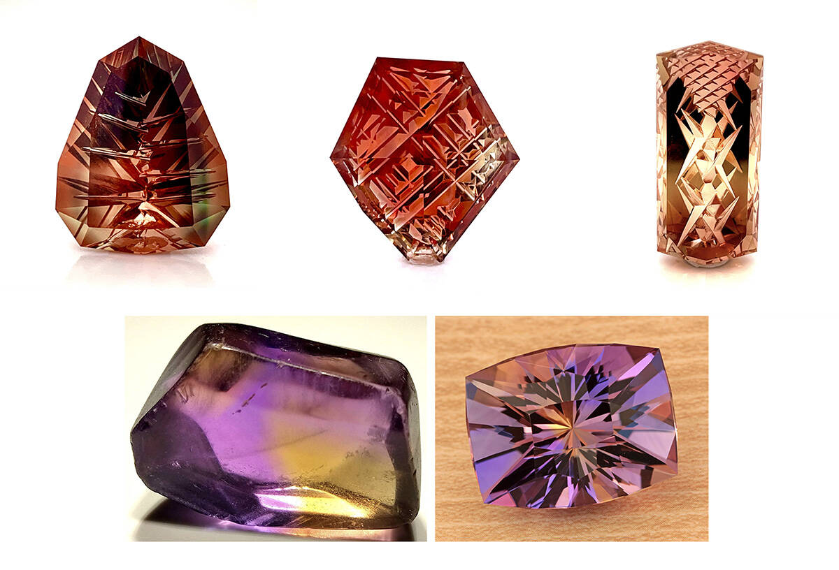 Robin Callahan Designs carries an extraordinary variety of gems cut by talented lapidary artists.
Top left: Fantasy cutting tri color Oregon Sunstone by Aaron Sangeneto. Top middle: Fantasy cutting bright orange and red Oregon Sunstone by David Tyrpak. Top right: Fantasy cutting by Smithsonian Award Winning lapidary Artist Ryan Joseph Anderson. Bottom: A gem rough brought to life by Troy Richardson.