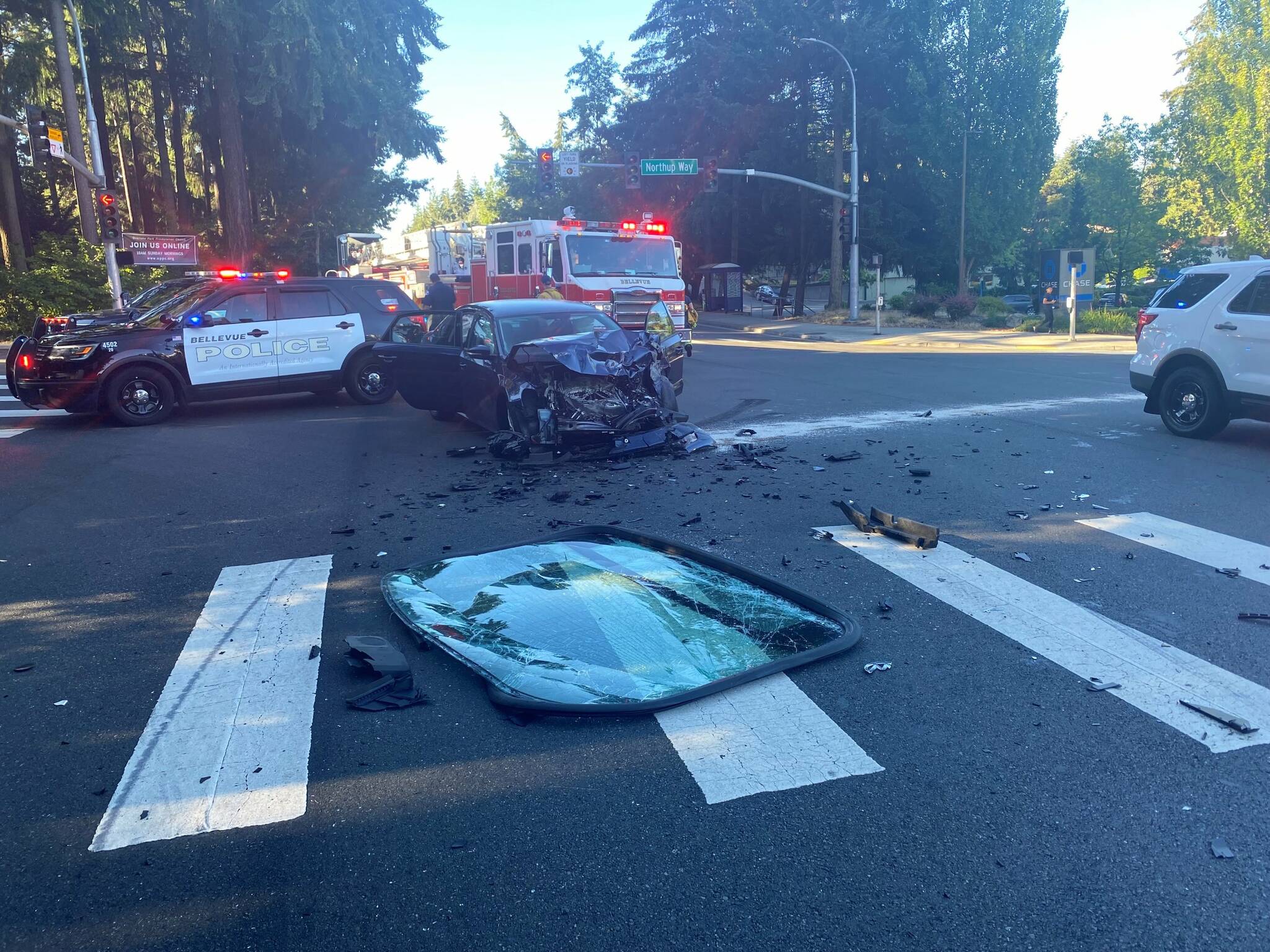 Aftermath of the car crash that took place on August 15 at the intersection of 156th Avenue Northeast and Northup Way. Courtesy of Bellevue Police Department.