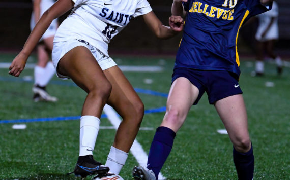 Bellevue sophomore Kendall Gillem (#10) attempts to take the ball away from Interlake's Sonia Devaraju (#13). Courtesy of Ste