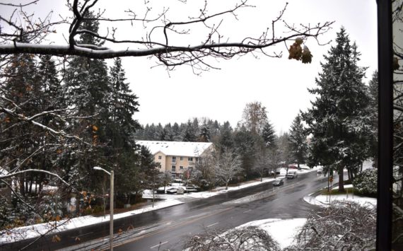 The word of the day is “slush” from the Federal Way Mirror office in Federal Way, overlooking South 336th Street on Nov. 29, 2022. Photo by Alex Bruell/the Mirror