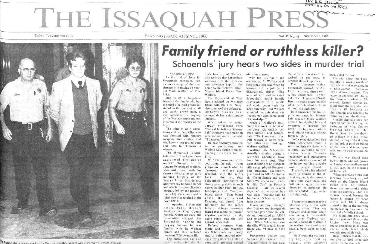 Screenshot of the Issaquah Press from Nov. 6, 1985, regarding the murder trial of John H. Schoenhals.