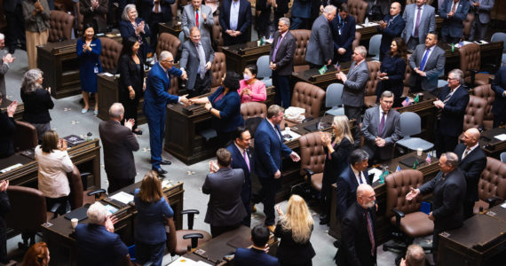Gov. Jay Inslee enters the House chambers before beginning the 2023 State of the State. Courtesy photo
