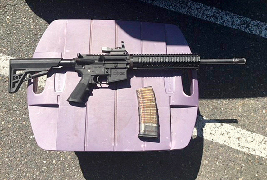 <p>AR-15 rifle and a loaded magazine that were recovered from a suspect in a 2018 shooting incident at the Kent Station parking garage. File photo courtesy of King County Sheriff’s Office</p>