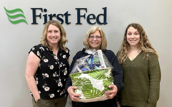 Branch Manager Nicole Pruden (right) and Asst. Branch Manager Heather Little (left) with winning customer at First Fed Sequim Village.